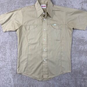 Vintage Bronco Tan Short Sleeve Button Down Shirt Rainbow Stitching Mens Medium